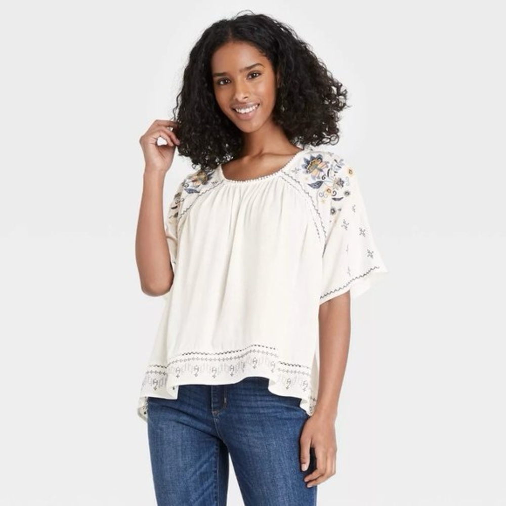 Knox Rose Size Large White Floral Bohemian Embroidered High-Low Blouse